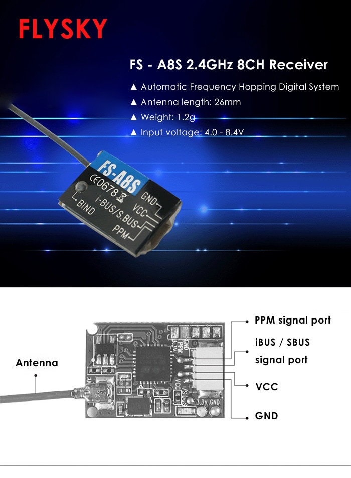 FLYSKY FS - A8S 2.4GHz 8-channel Mini Receiver with PPM iBUS SBUS Output for Multirotors